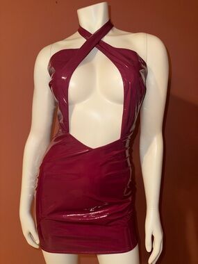 Wine Red Vinyl Halter Cutout Mini Dress